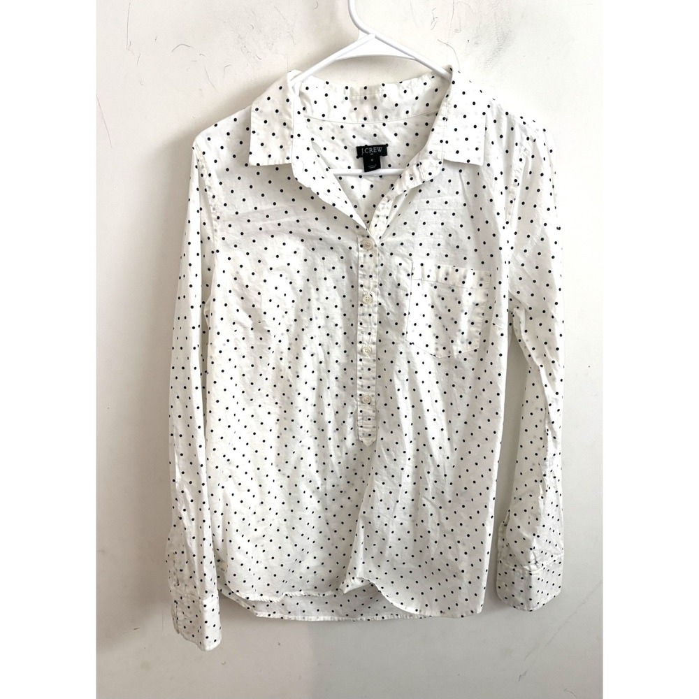J.crew Womens White Polka Dot Blouse M Oxford Classic 1/4 Button Preppy Workwear
